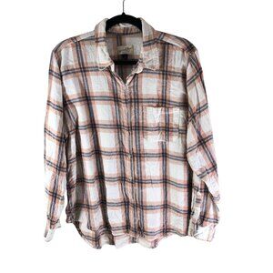 Universal Thread Womens Flannel Plaid Button-Up Shirt Cotton Beige/Black/White L